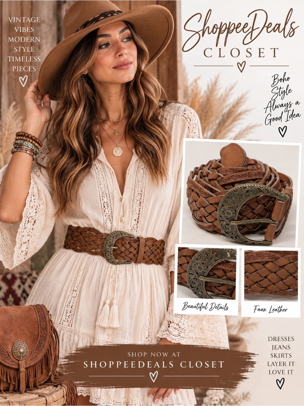 Boho Brown Braided Faux Leather Belt Ornate Antique Gold Buckle